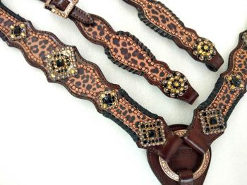 Showman Dark Oil One Ear Headstall &amp; Breast collar set with cheetah print inlay #3